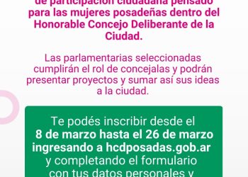 Posadas: se aproxima el cierre de inscripciones para el Parlamento Municipal de la Mujer