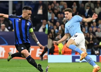 Lautaro Martínez y Julián Alvárez se ven en la final de la Champions League