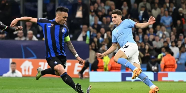 Lautaro Martínez y Julián Alvárez se ven en la final de la Champions League