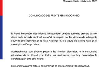 El Frente Renovador Neo suspendió sus actividades en respeto a las víctimas de la tragedia en Campo Viera