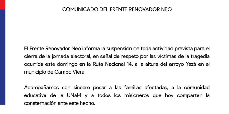 El Frente Renovador Neo suspendió sus actividades en respeto a las víctimas de la tragedia en Campo Viera