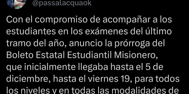 Passalacqua anunció la prórroga del Boleto Estatal Estudiantil Misionero